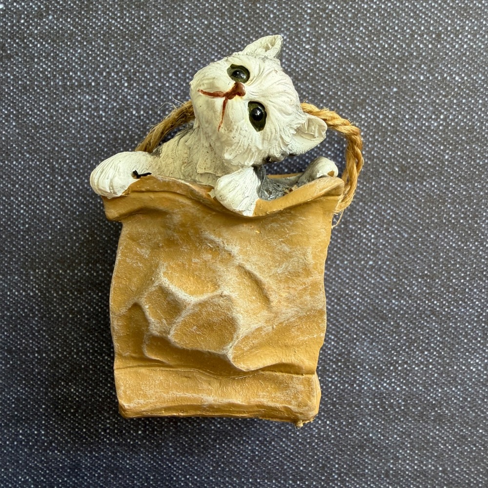 Vintage Resin Kitten in Paper Bag Figurine Ornament White Grey Cat Marked